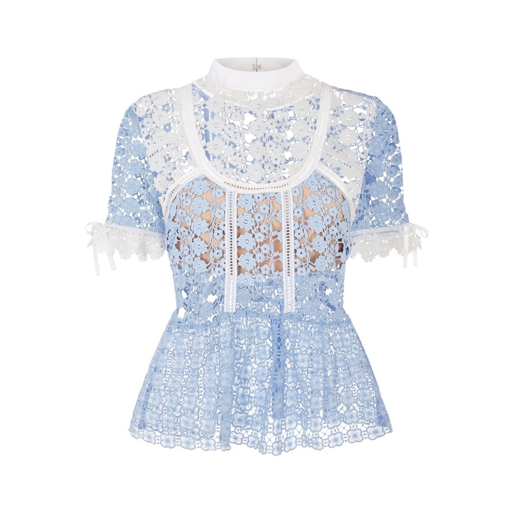 SELF-PORTRAIT Blue Petal Paneled Guipure Lace Top